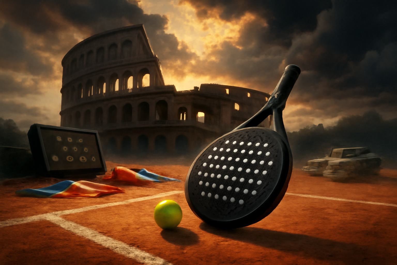Padel rackets with Rome Colosseum in the distance